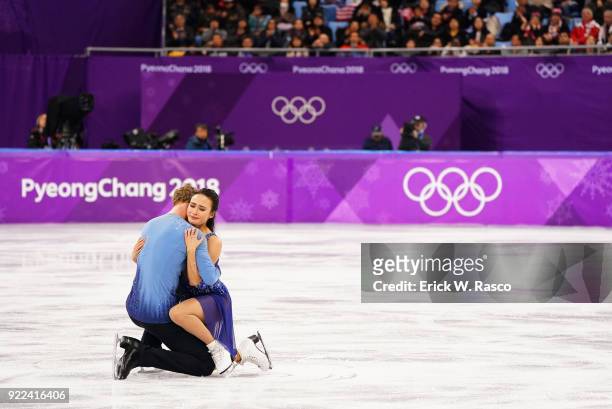 Winter Olympics: USA Madison Chock and Evan Bates victorious, hugging at the end of Ice Dance Free Dance at Gangneung Ice Arena. Gangneung, South...
