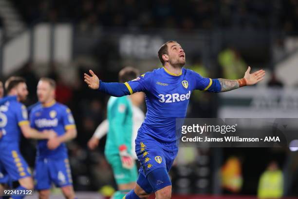 Pierre-Michel Lasogga of Leeds United celebrates after scoring a goal to make it 1-0 during the Sky Bet Championship match between Derby County and...
