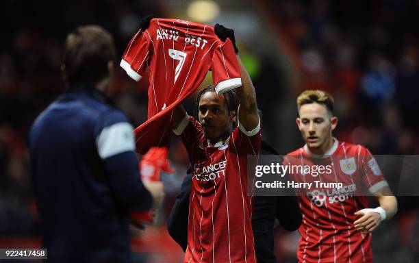 Bobby Reid of Bristol City celebrates after scoring his sides first goal during the Sky Bet Championship match between Bristol City and Fulham at...