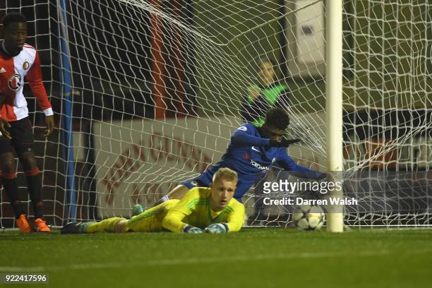 Dujon Sterling of Chelsea scores his goal and Chelsea's 4th during the UEFA Youth League Round of 16 match between Chelsea FC and Feyenoord at EBB...