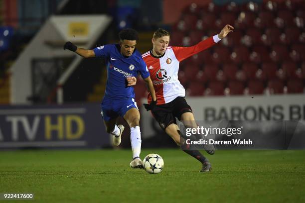 Jacob Maddox of Chelsea and Wouter Burger of Feyenoord during the UEFA Youth League Round of 16 match between Chelsea FC and Feyenoord at EBB Stadium...