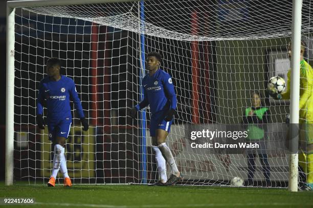 Dujon Sterling of Chelsea celebrates his goal and Chelsea's 4th during the UEFA Youth League Round of 16 match between Chelsea FC and Feyenoord at...