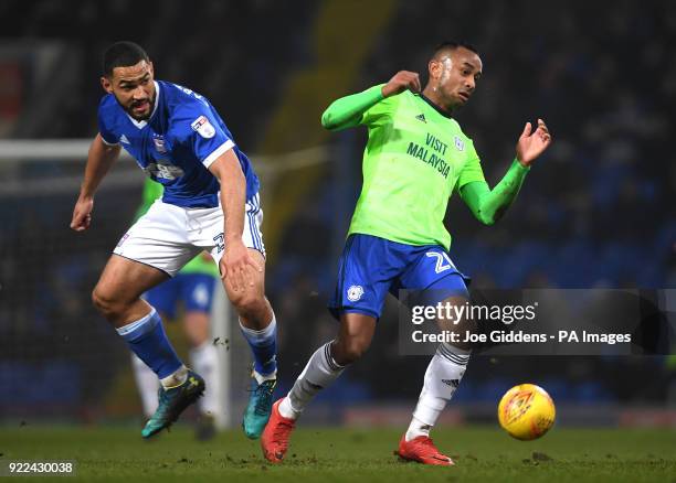 Ipswich Town's Cameron Carter-Vickers and Cardiff City's Loic Damour battle for the ball during the Sky Bet Championship match at Portman Road,...