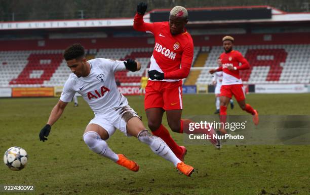 Yannis N'Gakoutouyapende of AS Monaco U19s and Keanan Bennetts of Tottenham Hotspur U19s during UEFA Youth League - Round 16 - match between...