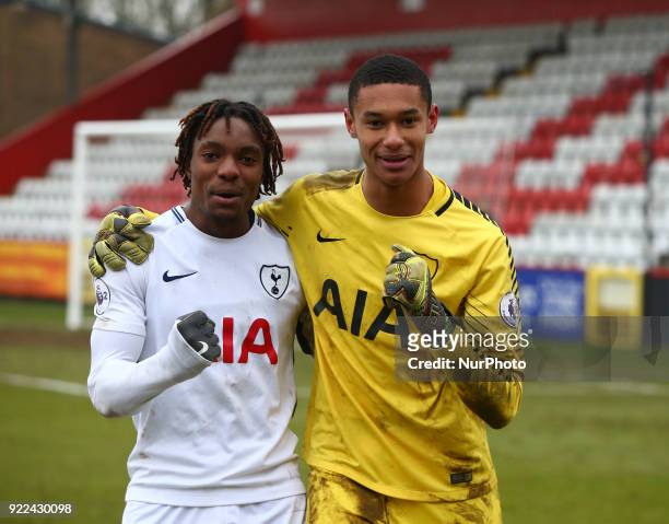 Kazaiah Sterling of Tottenham Hotspur U19s and Brandon Austin of Tottenham Hotspur U19s celebrates they win during UEFA Youth League - Round 16 -...