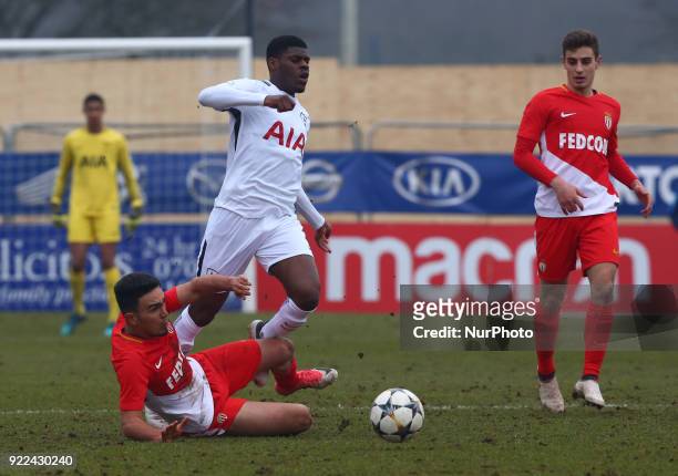 Amilcar Silva of AS Monaco U19s and Timothy Eyoma of Tottenham Hotspur U19s during UEFA Youth League - Round 16 - match between Tottenham Hotspur...