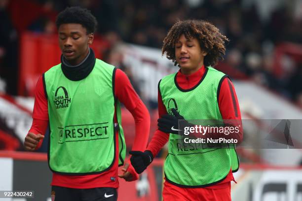 Kephren Thuram Ulien of AS Monaco U19s and Han-Noah Massengo of AS Monaco U19s during UEFA Youth League - Round 16 - match between Tottenham Hotspur...
