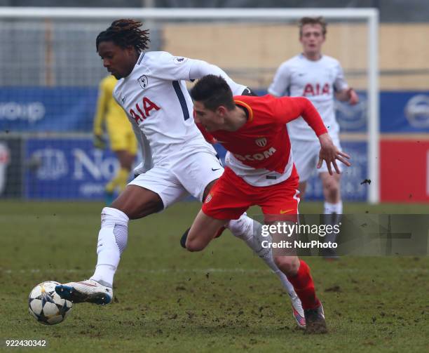 Kazaiah Sterling of Tottenham Hotspur U19s holds of Boris Popovic of AS Monaco U19s during UEFA Youth League - Round 16 - match between Tottenham...