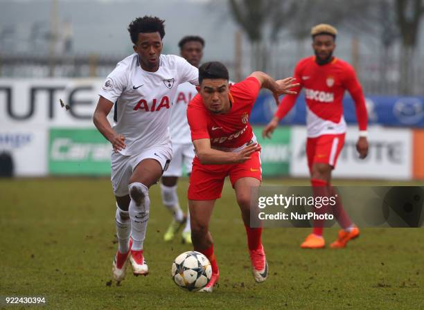 Amilcar Silva of AS Monaco U19s holds of Tashan Oakley-Boothe of Tottenham Hotspur U19s during UEFA Youth League - Round 16 - match between Tottenham...