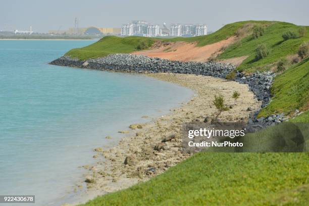 View of a small beach of the Yas Links golf course with a new construction site in the background. Sentiment in the UAE's construction sector is...