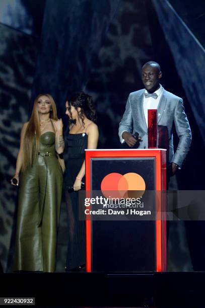 Jesy Nelson, Jade Thirlwall of Little Mix and Stormzy on stage at The BRIT Awards 2018 held at The O2 Arena on February 21, 2018 in London, England.