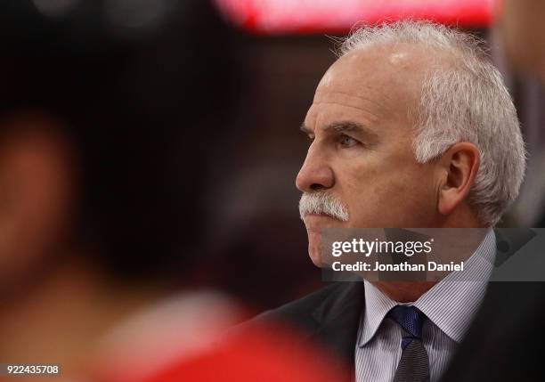 Head coach Joel Quenneville of the Chicago Blackhawks watches his team take on the Los Angeles Kings at the United Center on February 19, 2018 in...