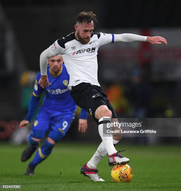 Pierre-Michel Lasogga of Leeds and Richard Keogh of Derby County in action during the Sky Bet Championship match between Derby County and Leeds...