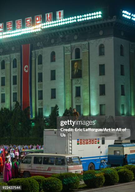 News broadcast bus during a mass dance performance on Kim il Sung square, Pyongan Province, Pyongyang, North Korea on April 15, 2008 in Pyongyang,...