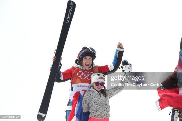 Marie Martinod of France after winning the silver medal celebrates with daughter Melirose during the Freestyle Skiing - Ladies' Ski Halfpipe Final at...