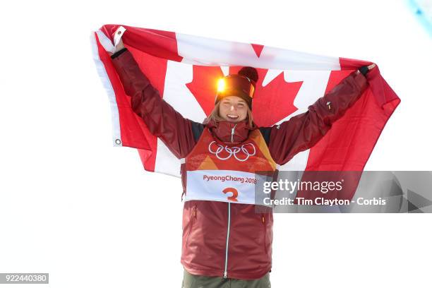 Golden sparkle on the goggles of gold medalist Cassie Sharpe of Canada as she celebrates after her win during the Freestyle Skiing - Ladies' Ski...