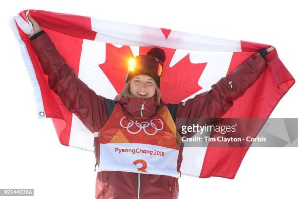 Golden sparkle on the goggles of gold medalist Cassie Sharpe of Canada as she celebrates after her win during the Freestyle Skiing - Ladies' Ski...