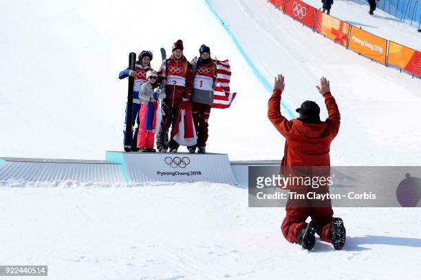 Marie Martinod of France after winning the silver medal with daughter Melirose along with gold medalist Cassie Sharpe of Canada and bronze medalist...