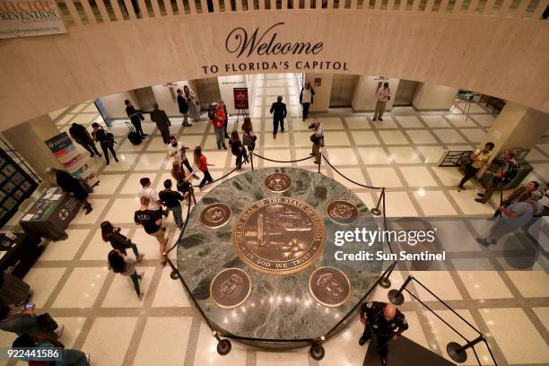 Group of Marjory Stoneman Douglas students enter the Capitol Building in Tallahassee, Fla. To speak to state legislators on Wednesday, Feb. 21, 2018.