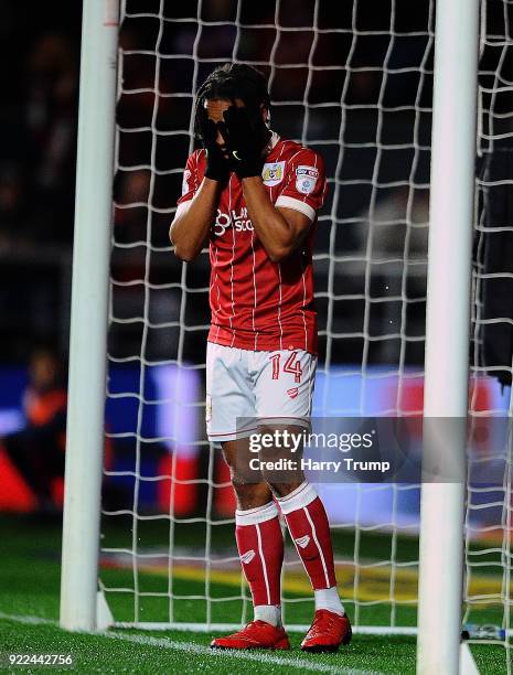 Bobby Reid of Bristol City reacts during the Sky Bet Championship match between Bristol City and Fulham at Ashton Gate on February 21, 2018 in...