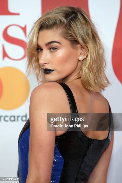 Hailey Baldwin attends The BRIT Awards 2018 held at The O2 Arena on February 21, 2018 in London, England.