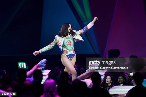 Dua Lipa performs at The BRIT Awards 2018 held at The O2 Arena on February 21, 2018 in London, England.