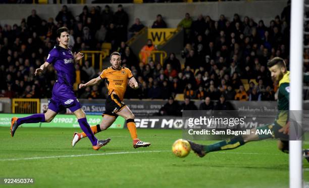 Diogo Jota of Wolverhampton Wanderers scores a goal to make it 1-0 during the Sky Bet Championship match between Wolverhampton Wanderers and Norwich...