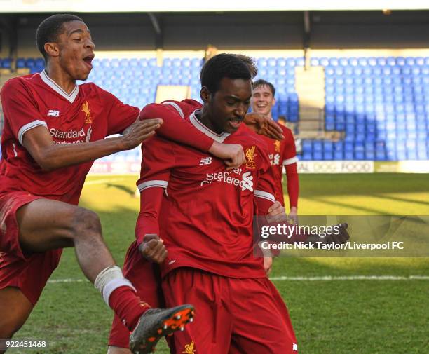 Rafael Camacho of Liverpool celebrates his goal with team mates Elijah Dixon-Bonner and Ben Woodburn during the Liverpool v Manchester United UEFA...