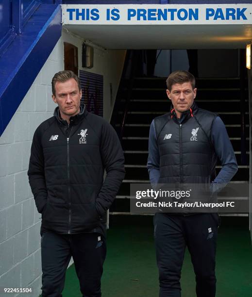 Liverpool Academy Director Alex Inglethorpe and U18 manager Steven Gerrard before the Liverpool v Manchester United UEFA Youth League game at Prenton...