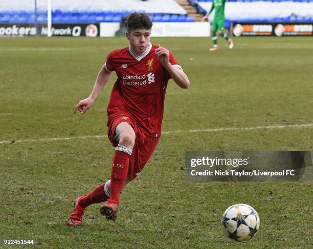 Neco Williams of Liverpool in action during the Liverpool v Manchester United UEFA Youth League game at Prenton Park on February 21, 2018 in...