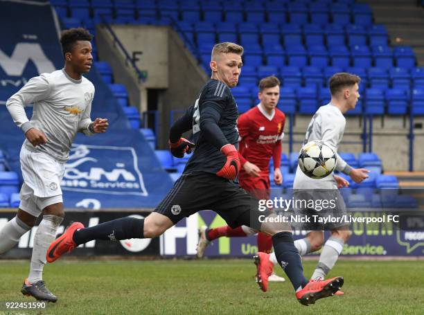 Alex Fojticek of Manchester United in action during the Liverpool v Manchester United UEFA Youth League game at Prenton Park on February 21, 2018 in...