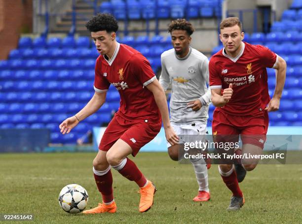 Curtis Jones of Liverpool in action during the Liverpool v Manchester United UEFA Youth League game at Prenton Park on February 21, 2018 in...