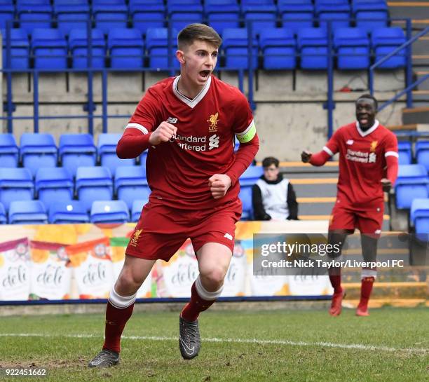 Ben Woodburn of Liverpool celebrates his goal during the Liverpool v Manchester United UEFA Youth League game at Prenton Park on February 21, 2018 in...