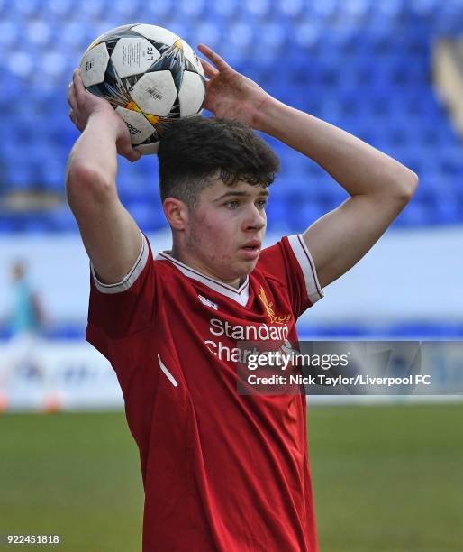 Neco Williams of Liverpool in action during the Liverpool v Manchester United UEFA Youth League game at Prenton Park on February 21, 2018 in...