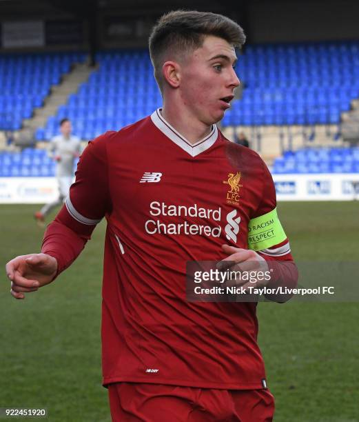Ben Woodburn of Liverpool in action during the Liverpool v Manchester United UEFA Youth League game at Prenton Park on February 21, 2018 in...
