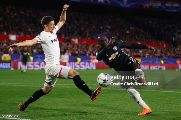 Romelu Lukaku of Manchester United puts the ball in the net but it is ruled out for handball during the UEFA Champions League Round of 16 First Leg...