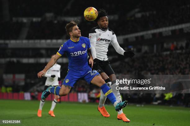 Gaetano Berardi of Leeds United in action Kasey Palmer of Derby with during the Sky Bet Championship match between Derby County and Leeds United at...