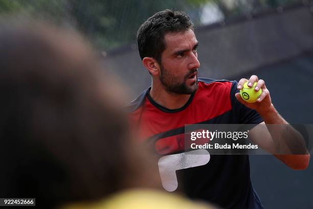 Marin Cilic of Croatia trains during a practice session ahead of the ATP Rio Open 2018 at Jockey Club Brasileiro on February 21, 2018 in Rio de...