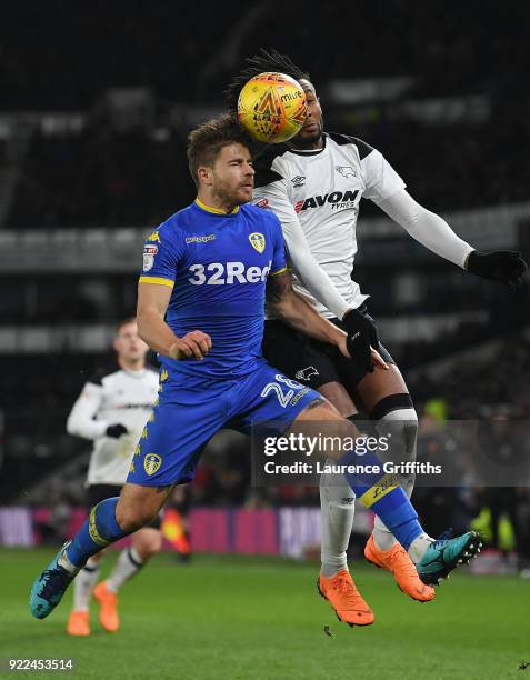 Gaetano Berardi of Leeds United in action Kasey Palmer of Derby with during the Sky Bet Championship match between Derby County and Leeds United at...