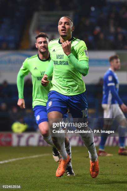 Cardiff City's Kenneth Zohore celebrates scoring his side's first goal of the game during the Sky Bet Championship match at Portman Road, Ipswich.