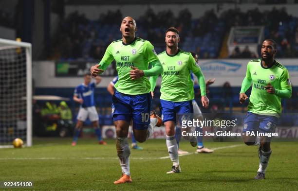 Cardiff City's Kenneth Zohore celebrates scoring his side's first goal of the game during the Sky Bet Championship match at Portman Road, Ipswich.