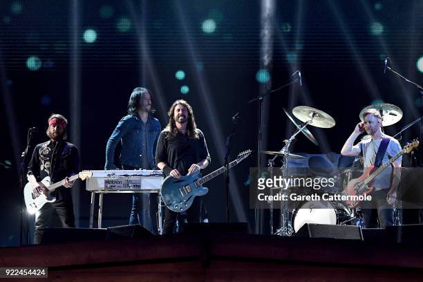 Foo Fighters perform at The BRIT Awards 2018 held at The O2 Arena on February 21, 2018 in London, England.