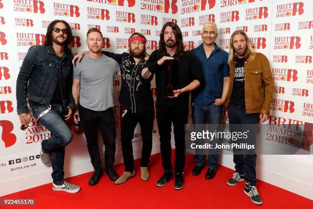 Rami Jaffee, Nate Mendel, Chris Shiflett, Dave Grohl, Pat Smear and Taylor Hawkins of Foo Fighters, winner of the Best International Group award,...