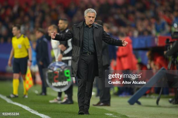 Jose Mourinho, Manager of Manchester United looks on during the UEFA Champions League Round of 16 First Leg match between Sevilla FC and Manchester...