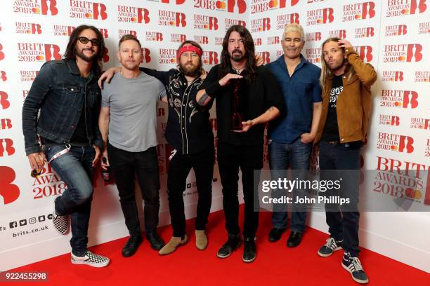 Rami Jaffee, Nate Mendel, Chris Shiflett, Dave Grohl, Pat Smear and Taylor Hawkins of Foo Fighters, winner of the Best International Group award,...