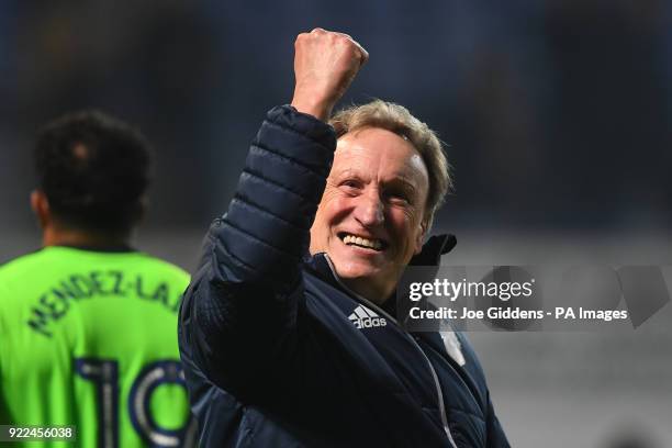 Cardiff City manager Neil Warnock celebrates victory after the Sky Bet Championship match at Portman Road, Ipswich.