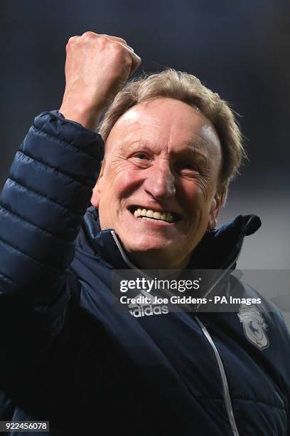 Cardiff City manager Neil Warnock celebrates victory after the Sky Bet Championship match at Portman Road, Ipswich.