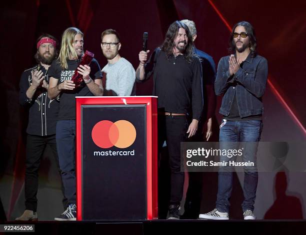 Foo Fighters, winners of Best International Group, on stage at The BRIT Awards 2018 held at The O2 Arena on February 21, 2018 in London, England.