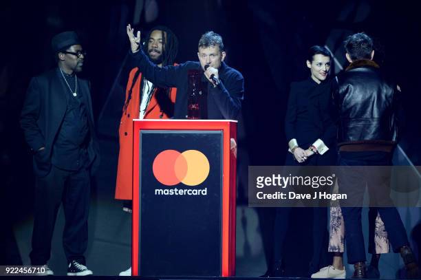 Damon Albarn with Gorillaz, winners of British Group speak on stage at The BRIT Awards 2018 held at The O2 Arena on February 21, 2018 in London,...