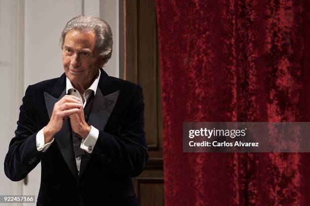 Spanish actor Arturo Fernandez celebrates his 89th Birthday on stage during the 'Alta Seduccion' Theater play at the Amaya Theater on February 21,...